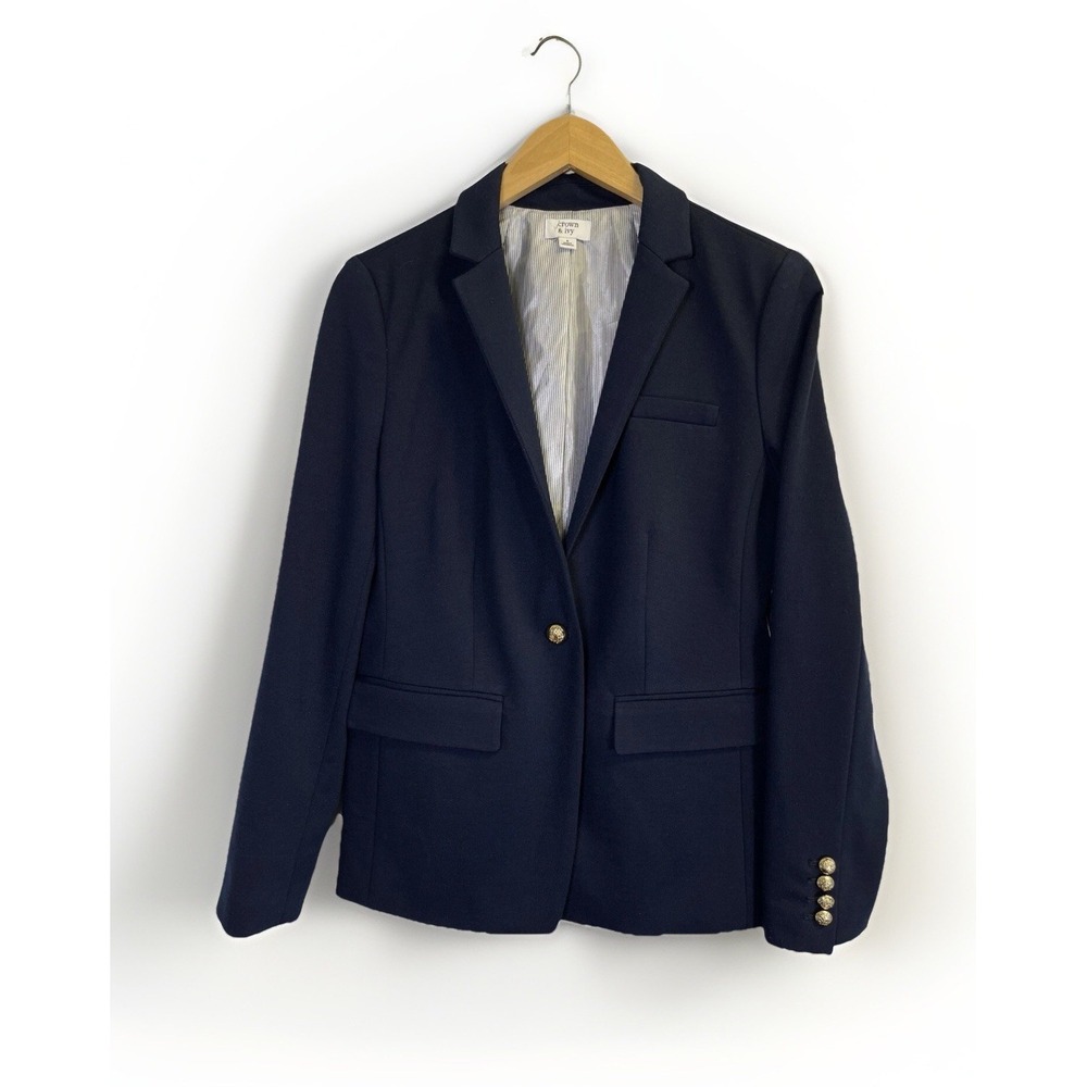 Crown and Ivy Women's Size 8 Navy Blazer Jacket Lined Pockets White Side Stripes